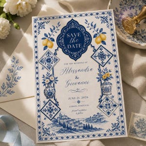 Puede incluir: Una tarjeta Save the Date rectangular con patrones de azulejos mediterráneos en azul y blanco, ilustraciones de limones amarillos y un paisaje de Lisboa, Portugal. El texto dice Save the Date for the wedding of Alessandra & Giovanni, June 21, 2026.