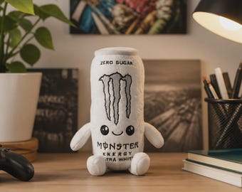 Peluche canette de Monster Energy Drink blanche, sans sucre, 23 cm, douce et à collectionner