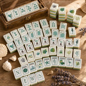 May include: A set of white mahjong tiles featuring green botanical and marine illustrations, numbers, and Chinese characters. The tiles are arranged in rows and stacks, with some stored in a wooden box. Each tile displays unique nature-themed graphics.