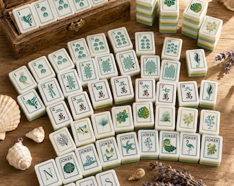 American Mahjong Set, Pearlescent Blue Sea Glass Acrylic Tiles, Coastal Beach Theme
