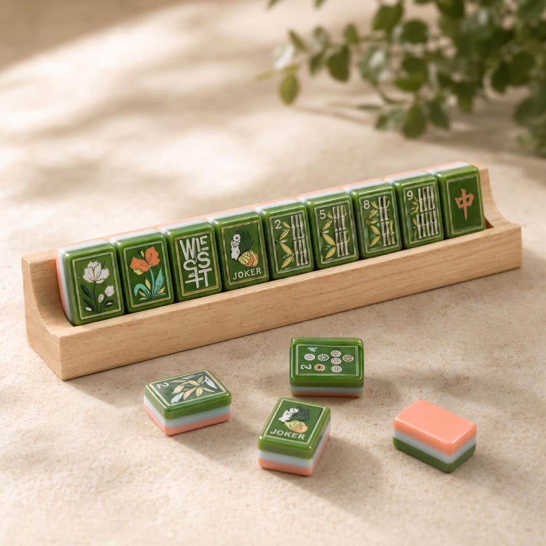 May include: A wooden rack holding nine green mahjong tiles with floral, bamboo, and joker designs, including one tile labeled WEST. Four additional tiles are placed in front, showing various symbols, a joker, and a plain peach-colored back.