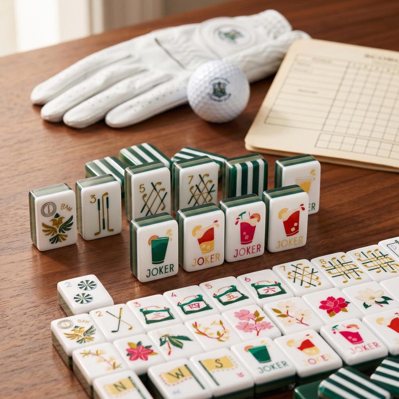 May include: A set of white and green mahjong tiles featuring golf-themed illustrations, including golf clubs, cocktails, and floral designs. A white golf glove, a golf ball with a logo, and a paper scorecard are arranged behind the tiles.