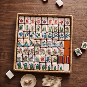 May include: A mahjong set featuring rectangular tiles with colourful illustrations of hot air balloons, flowers, birds, and matryoshka dolls, arranged in a woven tray. Includes plain tiles, dice, and counting sticks on a wooden surface.
