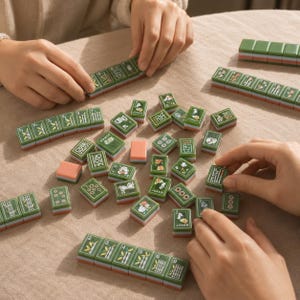 May include: A set of rectangular mahjong tiles featuring green tops with various white, black, and red graphic illustrations, including numbers, bamboo, and joker symbols, with layered white and orange bases, arranged in rows and scattered on a surface.