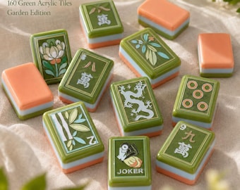 American Mahjong Set, 160 Green Acrylic Tiles, 3 Layer Botanical Design, Garden Edition