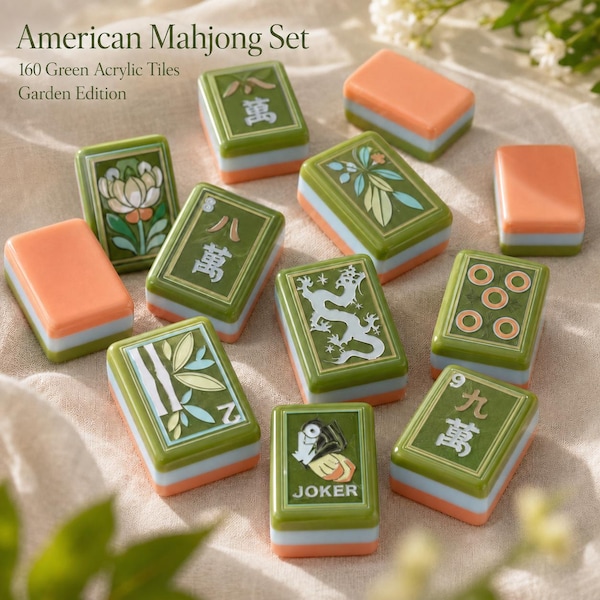 American Mahjong Set, 160 Green Acrylic Tiles, 3 Layer Botanical Design, Garden Edition