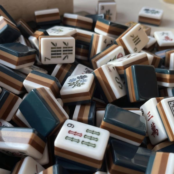 American Mahjong Set: Teal Brown Layered Floral Tiles, Custom Artwork Game