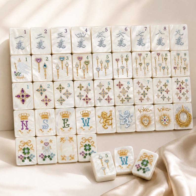 May include: A set of rectangular mahjong tiles with a pearlescent white finish. The tiles feature intricate, colorful illustrations including numbers, ornate scepters, star-shaped gems, crowns, letters N, S, E, W, lions, and floral motifs with bows.
