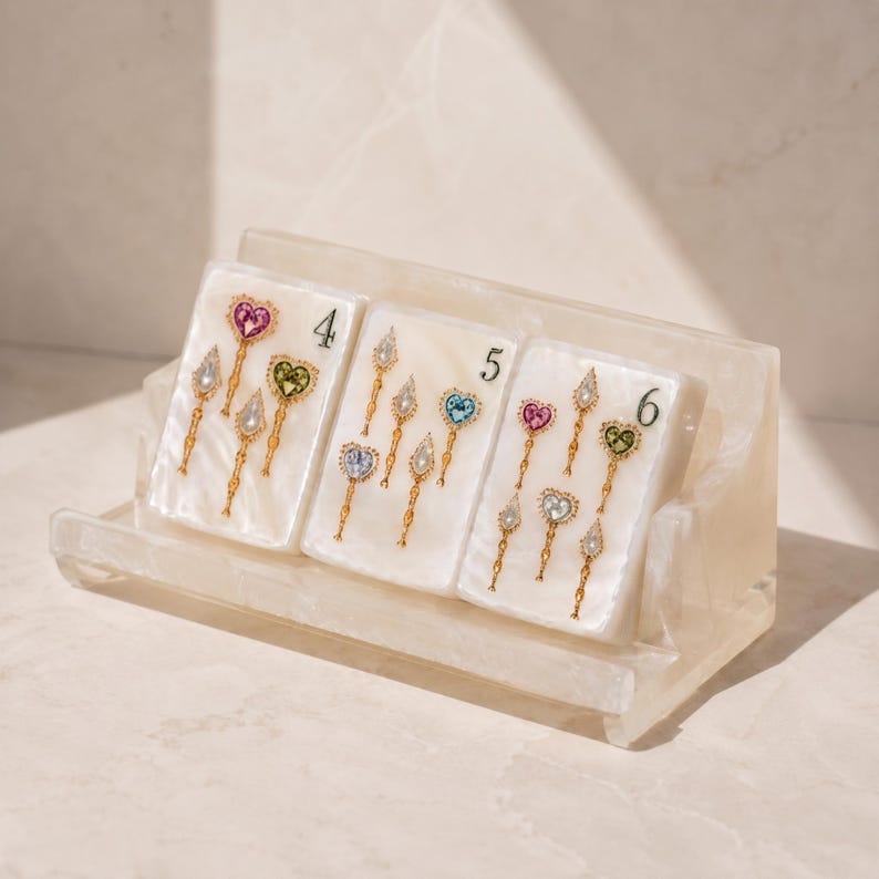 May include: A white acrylic display stand holding three rectangular white tiles, each labeled with the numbers 4, 5, and 6. Each tile features small gold-toned pins with colorful heart and teardrop-shaped gemstones in pink, blue, green, and clear.