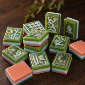 May include: A collection of rectangular mahjong tiles featuring green, light blue, and orange layered sides. The tiles display various illustrations including bamboo stalks, floral patterns, a dragon, the character for East, and a Joker tile with text.