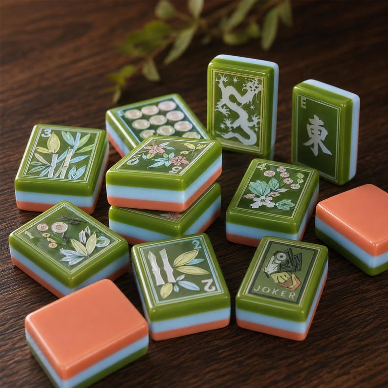 May include: A collection of rectangular mahjong tiles featuring green, light blue, and orange layered sides. The tiles display various illustrations including bamboo stalks, floral patterns, a dragon, the character for East, and a Joker tile with text.