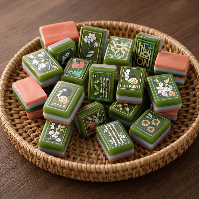 May include: A collection of rectangular mahjong tiles featuring green surfaces with floral, bamboo, and numerical illustrations, including tiles labeled JOKER. The tiles have a layered design with green, white, and peach-colored sections throughout.