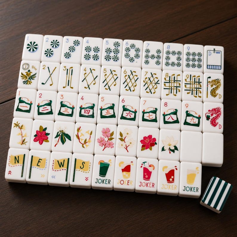 May include: A set of white mahjong tiles arranged in a grid, featuring various colourful illustrations including numbers, golf clubs, flowers, dragons, the letters N, E, W, S on flags, and glasses labelled JOKER, with one tile showing green stripes.