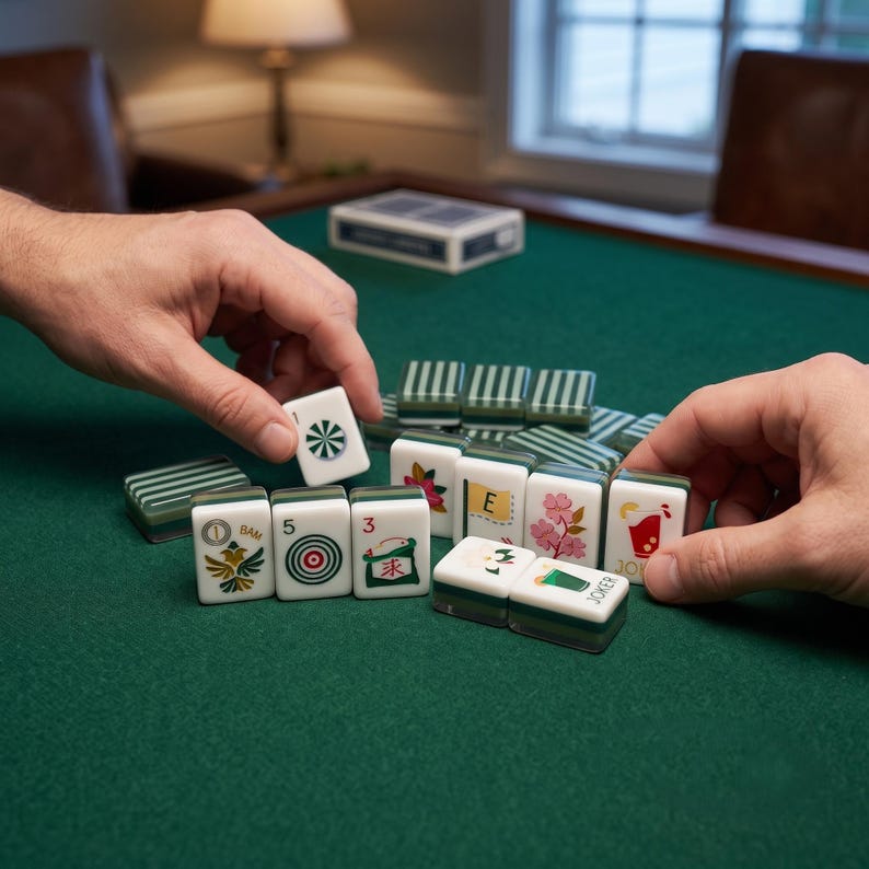 May include: A set of white mahjong tiles with green striped backs, featuring various colourful illustrations including a dartboard, a number five with a target, a number three with a green bag, a letter E, cherry blossoms, and a cocktail glass.