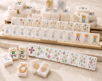 American Mahjong Set, White Pearl Resin Tiles, Royal Crown and Gem Design
