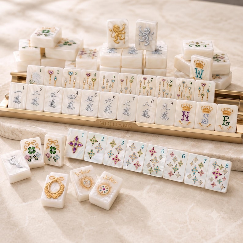 May include: A set of white Mahjong tiles with intricate, colorful designs including numbers, crowns, and floral motifs. The tiles are arranged on a gold-toned metal rack, with some tiles featuring the word Joker and others displaying letters W, N, S, E.