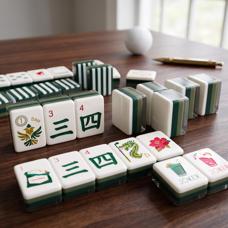 May include: A set of Mahjong tiles featuring white faces with green, red, and black printed designs including Chinese characters, numbers, a dragon, a flower, and cocktail graphics labelled Joker. The tiles have dark green backs and translucent sides.