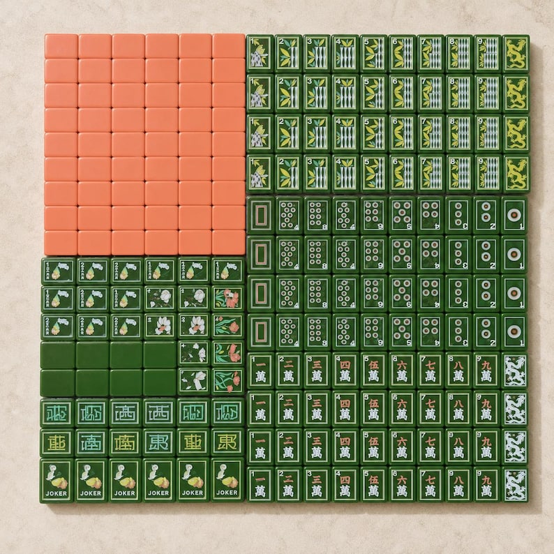 May include: A complete set of Mahjong tiles arranged in a grid. The set includes solid orange tiles, green tiles with bamboo patterns, circular dot designs, Chinese character tiles, dragon tiles, flower tiles, and tiles labeled with the word Joker.