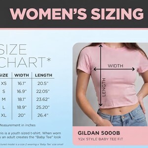 May include: A size chart for a light pink t-shirt with text reading WOMEN'S SIZING, SIZE CHART, and a table listing widths and lengths in inches from 16.1 to 26.4. The image shows a t-shirt with width and length arrows and the text GILDAN 5000B.