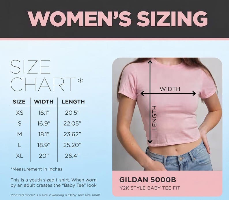 May include: A size chart for a light pink t-shirt with text reading WOMEN'S SIZING, SIZE CHART, and a table listing widths and lengths in inches from 16.1 to 26.4. The image shows a t-shirt with width and length arrows and the text GILDAN 5000B.