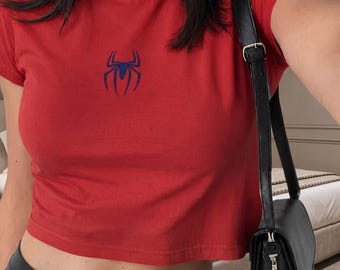 Retro Spider Graphic Baby Tee, Y2K Fitted Crop Top, Vintage Web Inspired Shirt