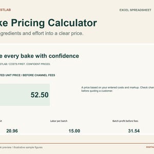 Puede incluir: Una hoja de cálculo digital de Excel titulada Cake Pricing Calculator de Craftcostlab. La interfaz muestra campos para el costo por unidad, mano de obra por lote y beneficio por lote antes de comisiones, con un precio sugerido de 52,50.