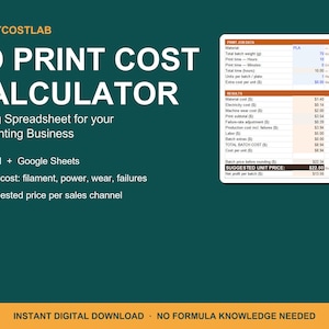 Könnte beinhalten: Ein digitaler 3D-Druck-Kostenrechner für Excel und Google Sheets von Craftcostlab. Die dunkelgrüne Grafik zeigt den Titel, die Funktionen und eine Vorschau der Preisdatentabelle mit Material-, Strom- und Arbeitskosten.