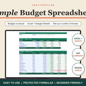 Puede incluir: Una hoja de cálculo de presupuesto digital en la pantalla de una computadora portátil, titulada Simple Budget Spreadsheet por CRAFTCOSTLAB. La interfaz muestra categorías de ingresos y gastos con columnas en color verde.