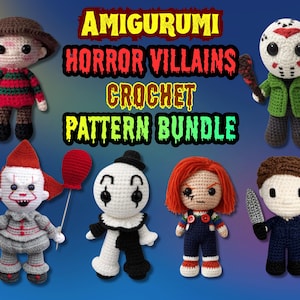 May include: Six crocheted amigurumi dolls representing horror characters, including a striped sweater figure, a hockey mask character, a clown with a balloon, a black and white mime, a doll with red hair, and a figure with a knife. Text reads AMIGURUMI HORROR VILLAINS CROCHET PATTERN BUNDLE.