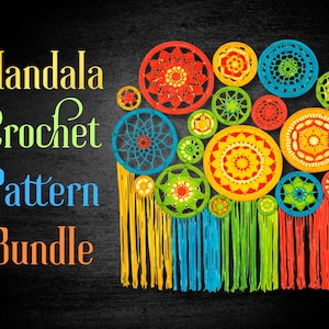 May include: A collection of circular crochet mandalas in vibrant shades of red, orange, yellow, green, and blue, featuring intricate patterns and long hanging fringe. The text 'Mandala Crochet Pattern Bundle' is displayed on the left side.