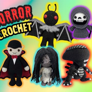 May include: Five crocheted dolls featuring a moth-like creature, a grim reaper with a scythe, a vampire in a cape, a long-haired figure in a white dress, and a black alien creature. The text HORROR CROCHET is displayed in the upper left corner.