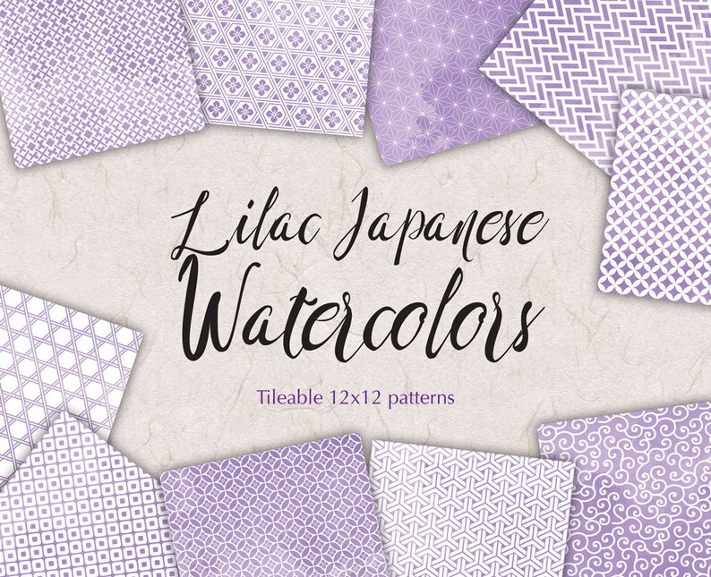 Lilac Watercolor Background Japan Digital Paper Seamless Patterns Violet Digital Paper Pack Baby Shower Graphics Baptism