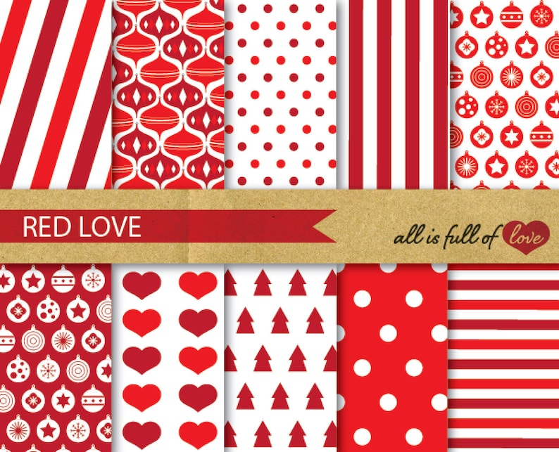 RED Christmas Digital Paper Pack XMAS Scrapbook Printable Background gift wrap sheets red digital graphics patterned card stock polka dots