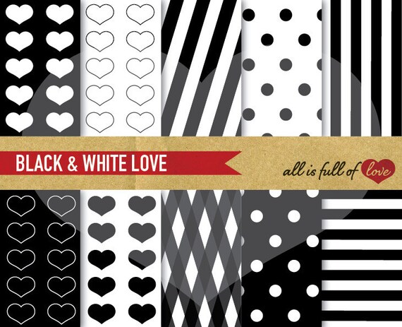 Valentines Digital Paper Black And White Backgrounds Love Etsy