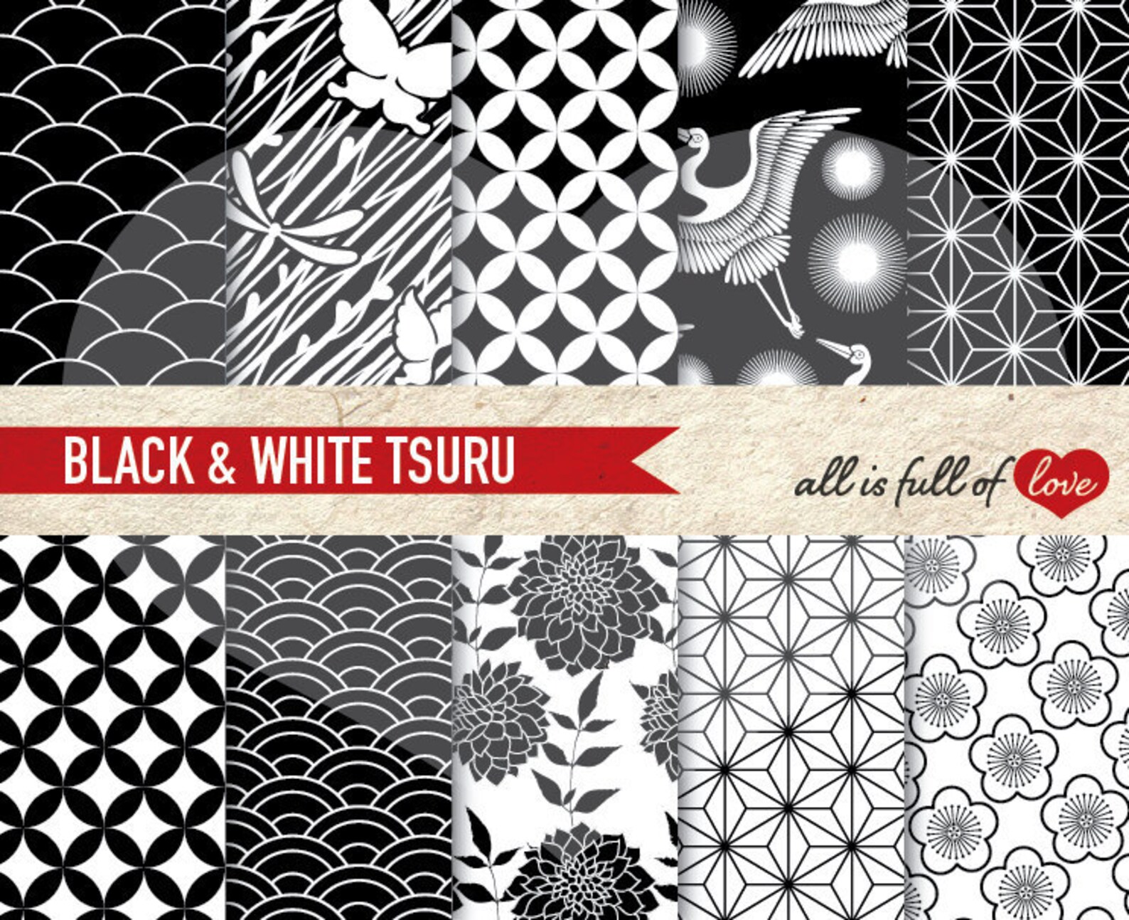 BLACK and WHITE Background Patterns JAPANESE Digital Scrapbook Collage Shee...