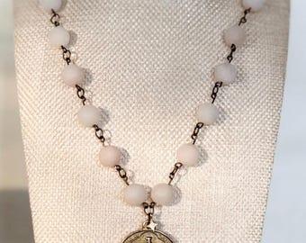 Our Lady of America Necklace | Rose Quartz Gemstone Rosary Style | Gold Saint Medal