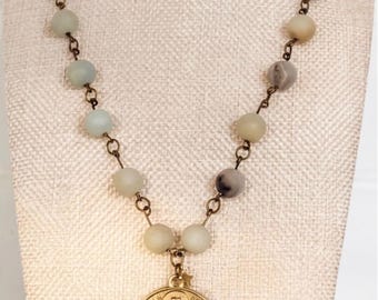 Our Lady of America Necklace | Amazonite Gemstones | Handmade Rosary Style Necklace | Gold Saint Medal | Spiritual Gift