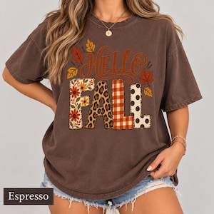 Hello Fall Shirt, Vintage Autumn Graphic Tee, Leopard Print Fall Comfort Colors T-Shirt