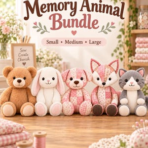 May include: A collection of five plush stuffed animals including a brown bear, a white rabbit, a pink patchwork bear, a pink patchwork fox, and a gray and white cat. The text Memory Animal Bundle Small Medium Large is displayed above.
