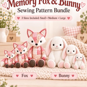 Puede incluir: Memory Fox & Bunny Sewing Pattern Bundle con 3 tamaños incluidos: Small, Medium, Large. La imagen muestra tres zorros de patchwork en tonos rosa y blanco, y tres conejos de peluche blancos con orejas internas rosas, en varios tamaños.