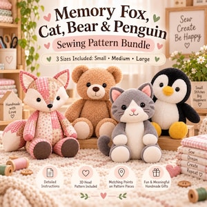 Puede incluir: Un paquete de patrones de costura titulado Memory Fox, Cat, Bear & Penguin con cuatro peluches: un zorro de patchwork rosa, un oso de peluche marrón, un gato gris y blanco y un pingüino negro y blanco. El texto incluye 3 tamaños: Small, Medium, Large.
