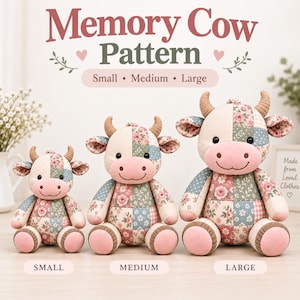 May include: Three plush cow toys in small, medium, and large sizes, each featuring a patchwork design of floral and polka dot patterns in muted pink, blue, and green tones. The text Memory Cow Pattern is displayed above the toys.
