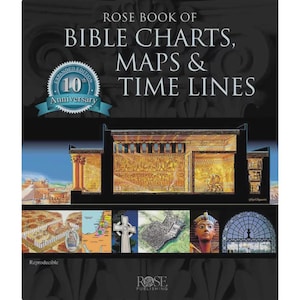 Może przedstawiać: Książka Rose Book of Bible Charts, Maps & Time Lines 10th Anniversary Expanded Edition ma czarną okładkę z białym tekstem oraz dużą centralną ilustracją wnętrza złotej świątyni, uzupełnioną mniejszymi obrazami map i artefaktów.