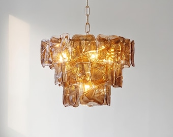 Murano Style Glass Chandelier, Luxury Mid Century Modern Ceiling Lamp, Amber Gold Italian Inspired Lighting, Dining Living Room Fixture