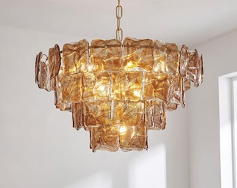 Kroonluchter van glas in Murano-stijl, amberkleurige hanglamp, moderne luxe plafondlamp voor eetkamer en woonkamer, opvallende verlichting