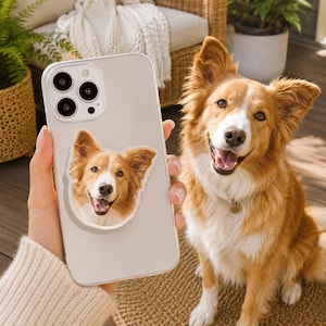 Può includere: Una cover trasparente per smartphone con un adesivo personalizzato del muso di un cane marrone e bianco. L'adesivo mostra un cane sorridente con le orecchie a punta, identico al cane marrone e bianco seduto accanto con medaglietta.