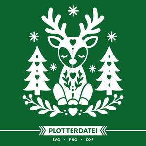 May include: A white graphic illustration on a dark green background featuring a central deer with closed eyes, antlers, and heart motifs. The deer is flanked by two stylised pine trees, surrounded by small stars, and sits above a leafy branch.