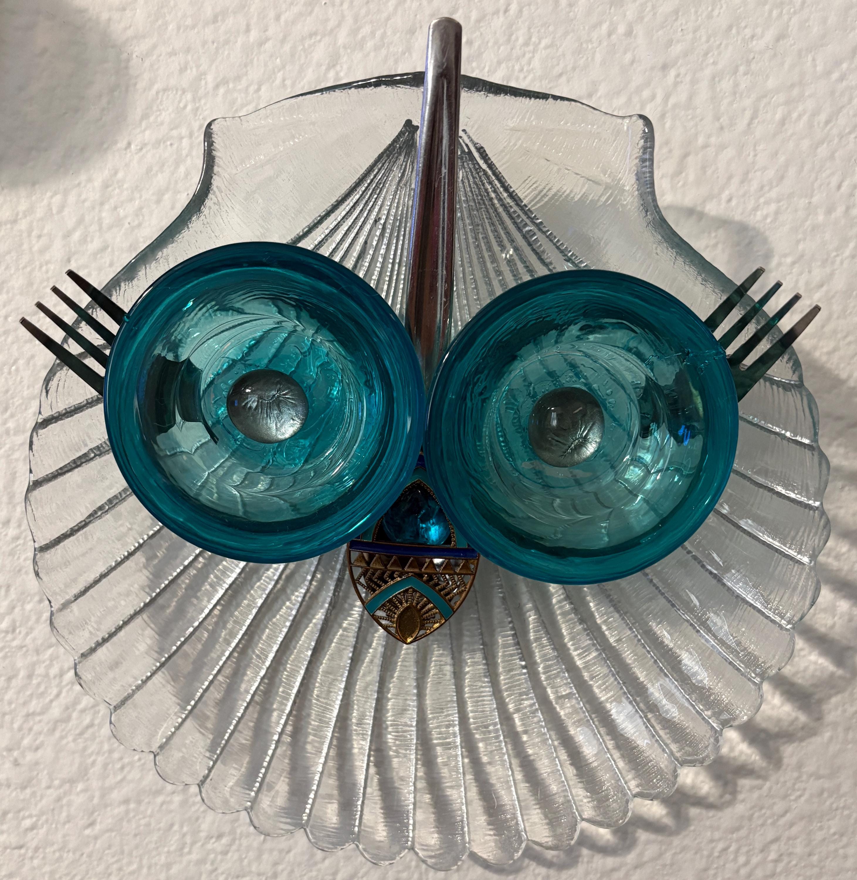 Repurposed homemade glass dish owl
