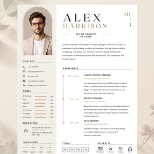 May include: A professional CV template featuring a clean white layout with beige accents. It includes a circular headshot of a person, sections for contact, skills, experience, education, languages, tools, and interests, with the name Alex Harrison.