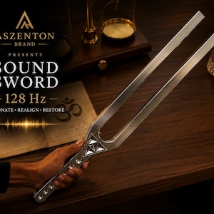Könnte beinhalten: Eine silberfarbene Stimmgabel aus Metall mit einem langen, zweizinkigen Design und einem strukturierten Griff. Der Text auf dem Bild lautet ASZENTON BRAND PRESENTS SOUND SWORD 128 HZ RESONATE REALIGN RESTORE. Das Gerät hat einen dreieckigen Akzent.